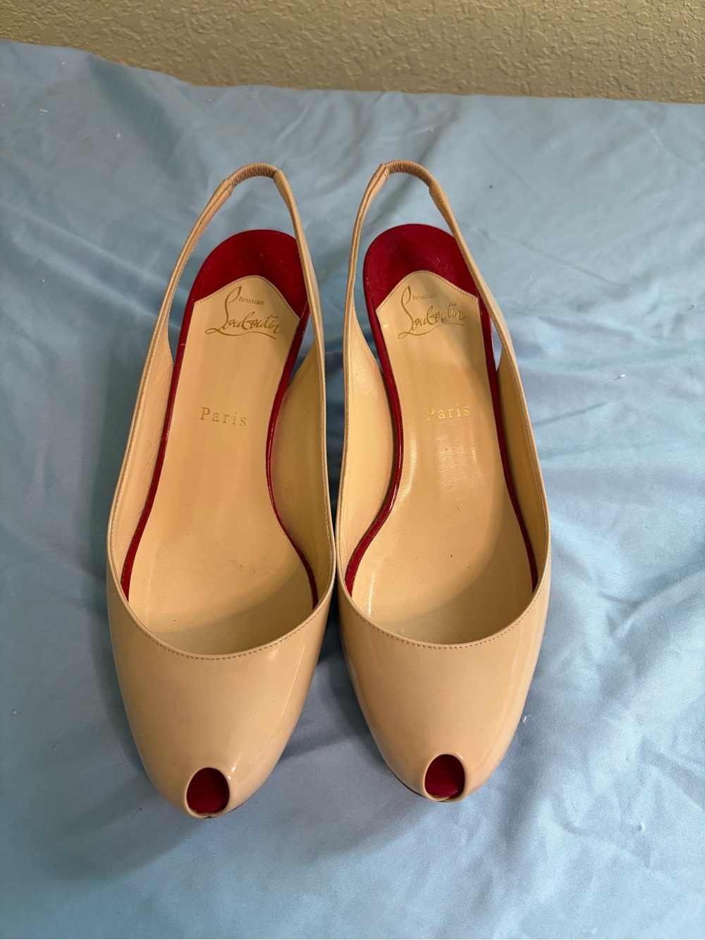 Christian Louboutin Nude Patent Peep-Toe Slingback Heels with Red Interior